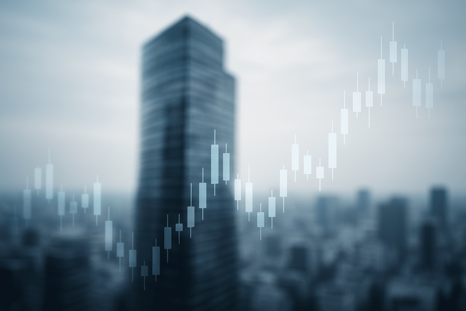 a blurred-out modern glass skyscraper with superimposed candlestick charts suggesting financial market activity and the fluctuating nature of business.